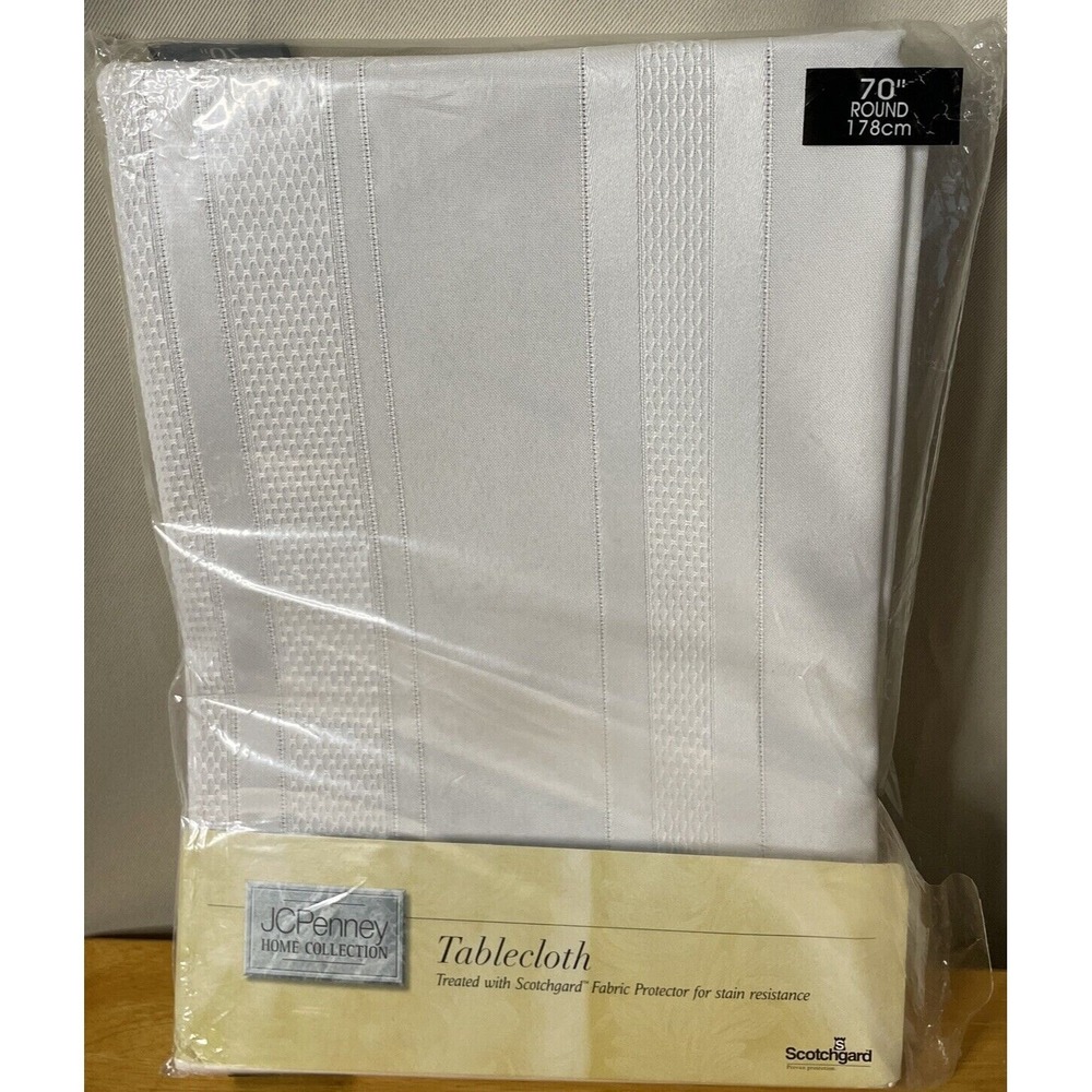 JCPenney Home 70" Round Tablecloth Cool White Satin Stripe II Scotchgard NEW
